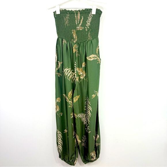 Anthropologie Olive Green Tropical Leaf Balloon Leg Smocked Sleeveless Jumper - Picture 6 of 16